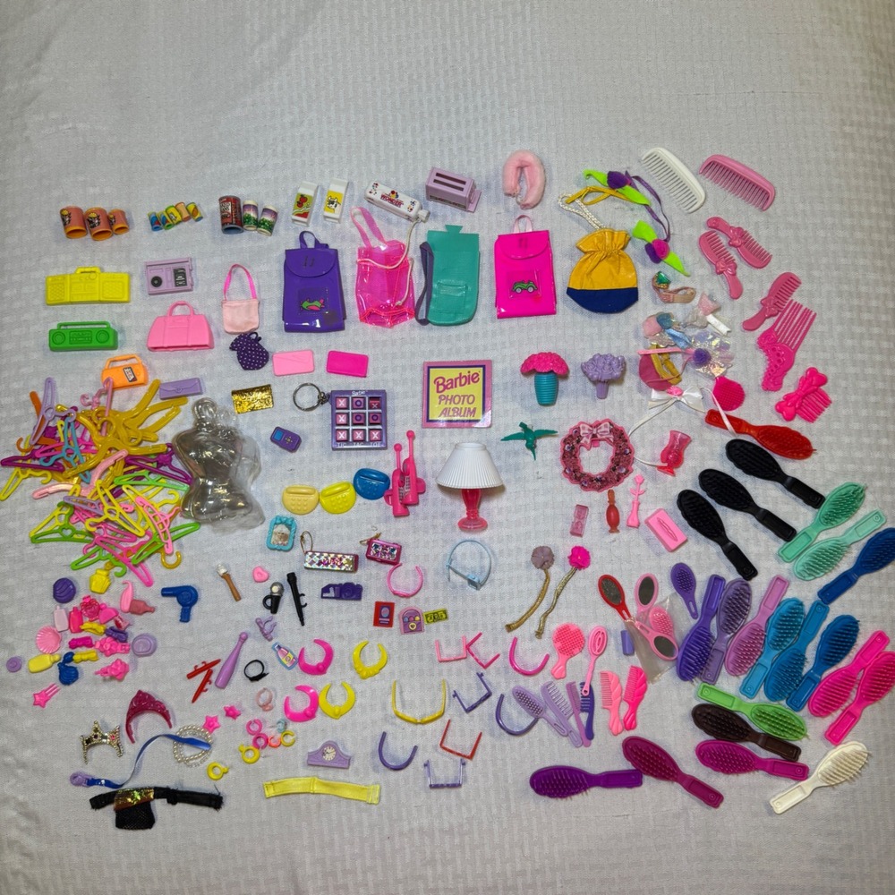 Vintage Barbie Doll Accessories Lot 100+ Pc Hangers Sunglasses Brushes Groceries
